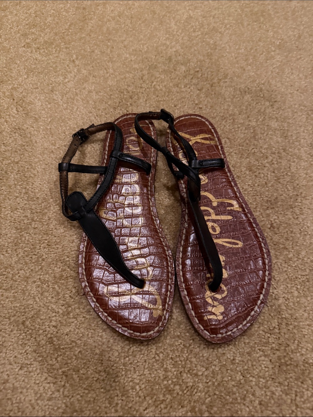 Sam Edelman Black T-Strap Brown Croc-Embossed Sandals